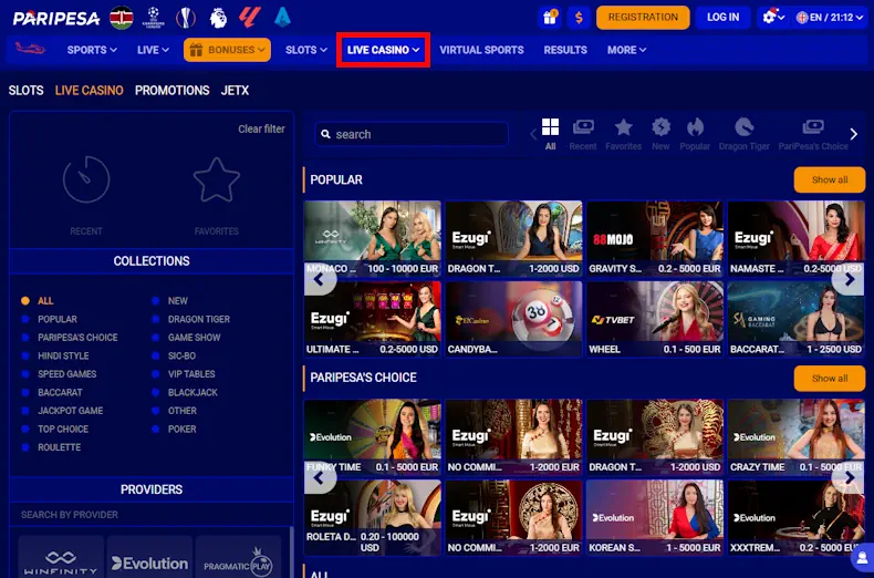 PariPesa Live Games Screenshot